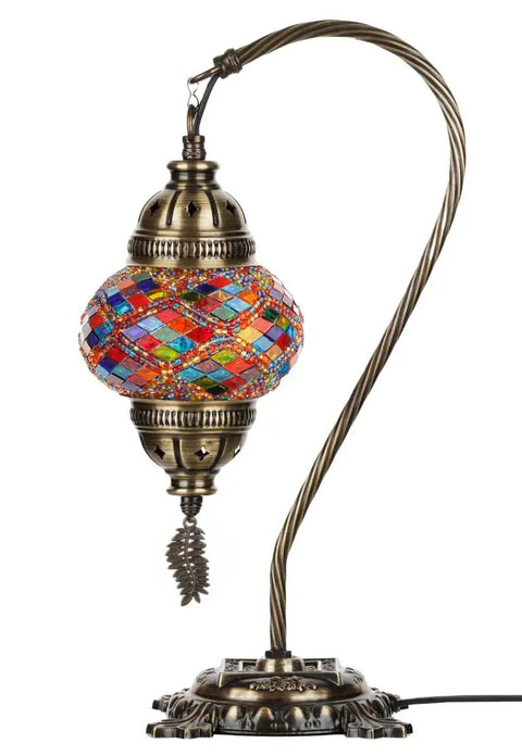 Artisan Turkish Glass Mosaic Table Lamp With Tiffany Style Multicolor Globe, Boho Bedside Cozy Glow Vibe, Antique Brass Finish
