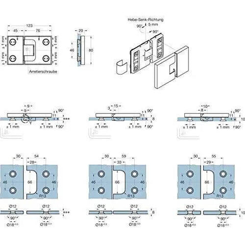 Detailed technical drawing of shower door hinge 180 degree glass to glass right hand polished chrome plated brass for frameless showers