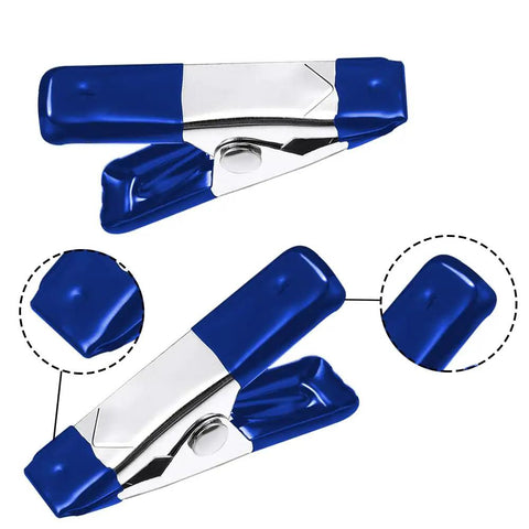 Close-up of 2 Inch Mini Spring Clamps Set Of 30 Heavy Duty Metal Clips for Backdrops and Crafts in blue metal finish.