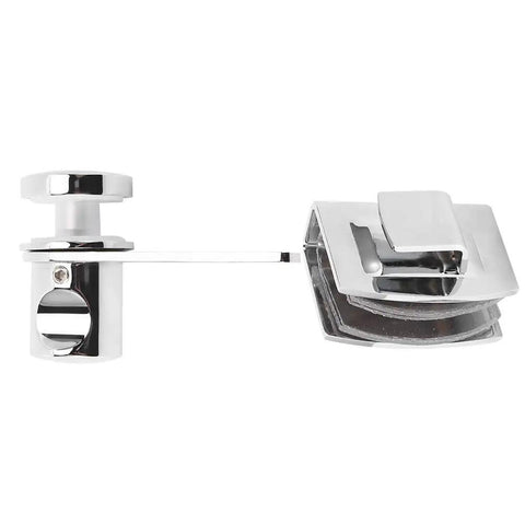 Heavy Duty 304 Stainless Steel Glass Door Latch For Bathrooms And Showers Slick Modern Look With No Sweat Drill Install And Heavy Duty Bolts Built To Take A Beating, close-up view showing latch mechanism.