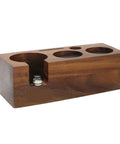 Top Shelf Espresso Tamping Station Featuring An Integrated Coffee Tamper Mat Rock Solid Portafilter Holder Rack Compatible With 51 53 58 Millimeter Handles For Slick Barista Workflow In Rich Walnut - side view of walnut tamping station.