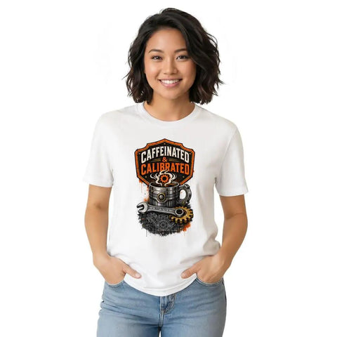 Cool Classic Fit Cotton Tee Featuring A Wrench, Gear, And Blueprint Design Perfect For Garage Mechanics Coffee Lovers And DIY Guys Who Fix Everything, white unisex shirt with graphic design.