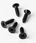 #12 X 1-1/2 Flat Head Sheet Metal Screws 40 Pack Phillips Drive, black oxide stainless screws on a white background.