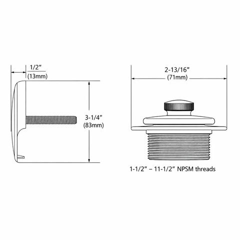 Technical drawing of Chrome Push-N-Lock Tub And Shower Drain Kit With Overflow Cover 1-1/2 Inch Threads and dimensions