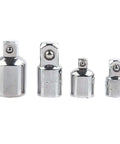Top Tier 4pcs Impact Socket Adapter And Reducer Kit For Ratchets Drop Forged Steel Chrome Silver Detent Balls Heavy Duty Wrench Converter Fits All Sizes. Four chrome steel socket adapters with detent balls, shown in mixed drive sizes.
