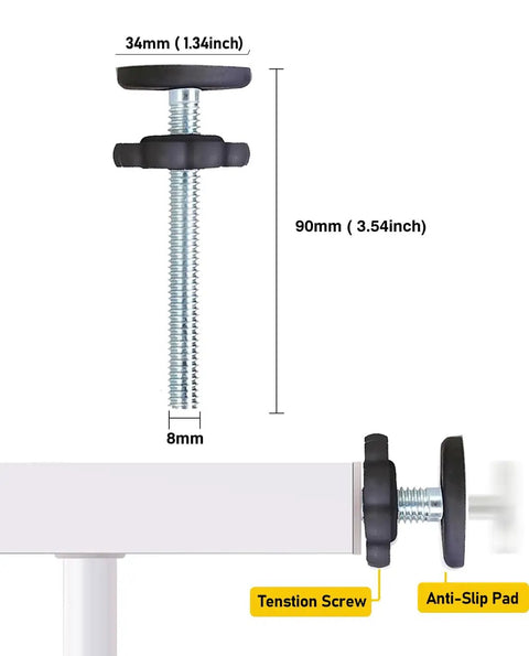 4 Pack Heavy Duty Threaded Spindle Rods Tension Bolts M8 Replacement Hardware Kit For Baby And Pet Safety Gates close-up showing tension screw and anti-slip pad dimensions.
