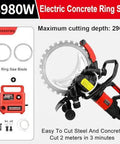 Heavy Duty Electric Concrete Circular Saw With Brushless Motor And Titanium Blade Using Water Cooling Dust Control For High Speed Cutting Through Granite And Hard Stone Runs Smooth With Zero Hassle And Straight Up Knockout Cuts, showing a powerful ring saw.