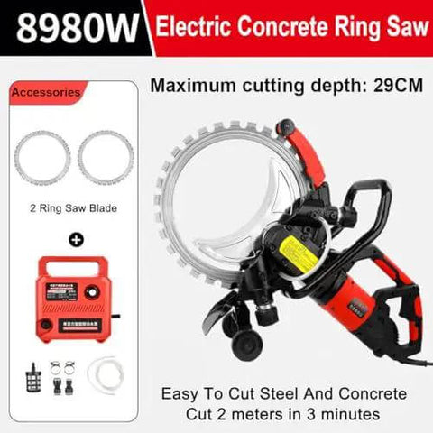 Heavy Duty Electric Concrete Circular Saw With Brushless Motor And Titanium Blade Using Water Cooling Dust Control For High Speed Cutting Through Granite And Hard Stone Runs Smooth With Zero Hassle And Straight Up Knockout Cuts, showing a powerful ring saw.