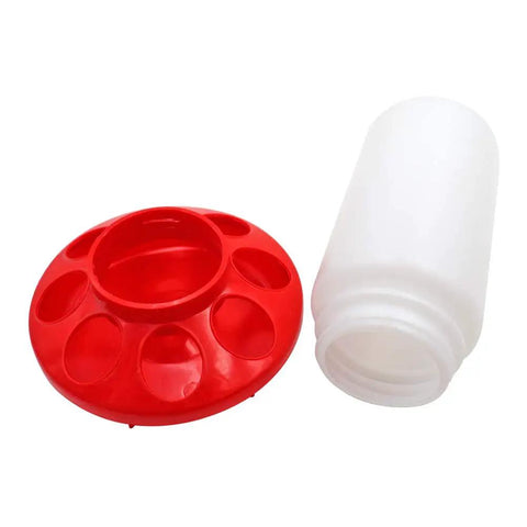 Heavy Duty Automatic Poultry Feeder With Waste Free Base And Clear Sight Jar for baby chicks, pigeons, and quail, red base, clear jar.