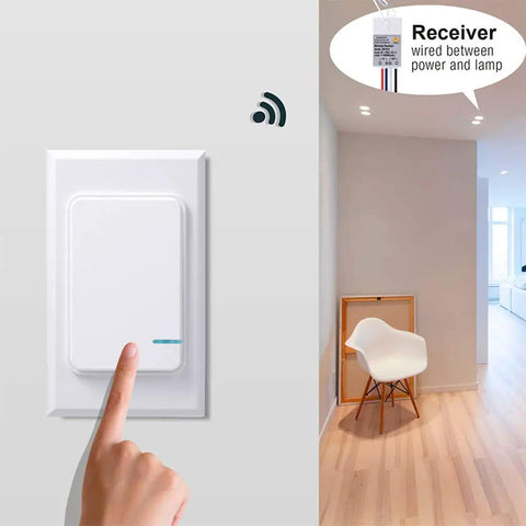 Wireless Light Switch And Receiver Kit With Remote Control, Plug In, No Wiring Or WiFi Needed, Wall Plate Mount in modern room.