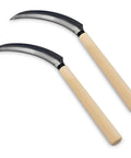 Mini Stainless Steel Serrated Blade Handheld Wooden Handle Sickle Tool Set Compact And Lightweight 2 Pack displayed on white background