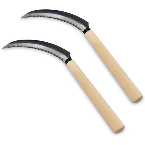 Mini Stainless Steel Serrated Blade Handheld Wooden Handle Sickle Tool Set Compact And Lightweight 2 Pack displayed on white background