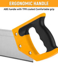Close-up of ergonomic handle of Miter Box And Saw Set 14 Inch Back Saw With ABS Box For Woodworking Trim Molding And Carpentry Precision Angle
