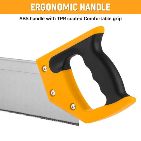 Close-up of ergonomic handle of Miter Box And Saw Set 14 Inch Back Saw With ABS Box For Woodworking Trim Molding And Carpentry Precision Angle