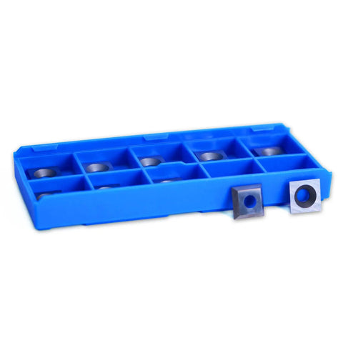 Carbide inserts in blue storage box, part of Top And Bottom Bearing Flush Trim Router Bit With Half Inch Shank Pro Grade Industrial Woodworking Tool
