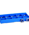 10 Piece Heavy Duty Square Carbide Inserts For Slab Flattening Router Bits 12mm By 12mm 2.2mm Thick displayed in blue case