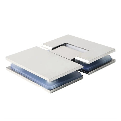 Heavy Duty 180 Degree Glass Door Hinge 2 Pack for Frameless Cabinets and Showcases, shown folded with metal finish