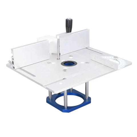 Must Have Router Table Lift Kit Featuring Smooth Adjustable Aluminum Platform And No Sweat Install Woodworking Insert Base Plate For 64mm To 65mm Routers, top view showing aluminum design and adjustment features.