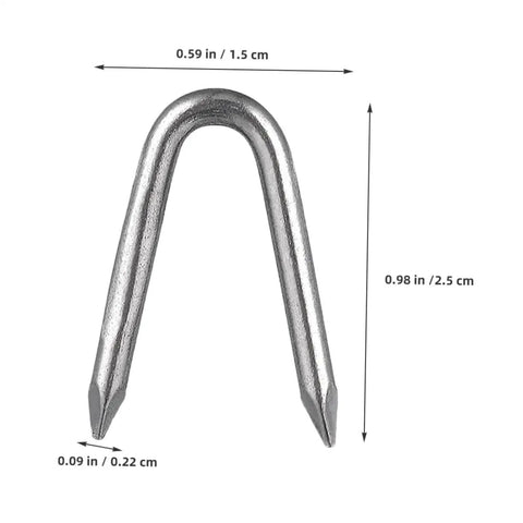U Shaped Garden Stakes And Fixing Nails Set For Fences And Ground Anchors Pro Grade 100 Piece U Nails, silver color, dimensions shown.