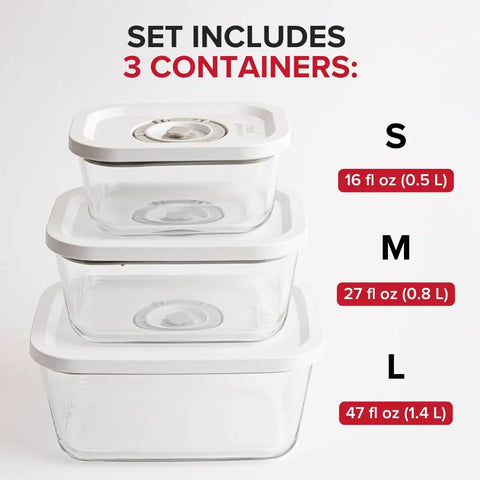 Glass Vacuum Seal Food Storage Containers 3-Piece Set For Fridge And Freezer Airtight No-Fuss Glass Containers Stack