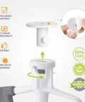 Four Pack Stand Mixer Attachment Organizer showcasing installation with BPA-free food-grade material and sticky adhesive.