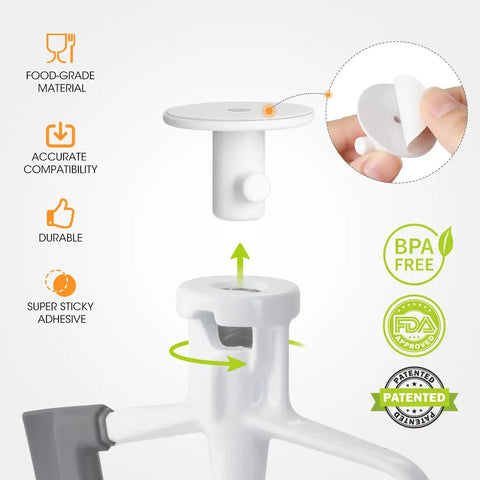 Four Pack Stand Mixer Attachment Organizer showcasing installation with BPA-free food-grade material and sticky adhesive.