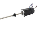 Side view of linear stepper motor with long stainless steel lead screw and black coupling