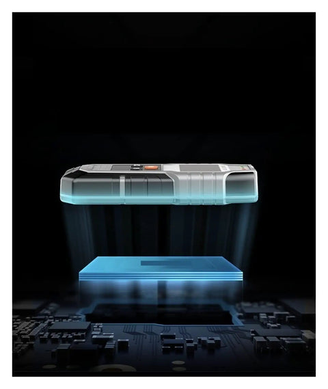 Badass Slick Stud Finder Wall Scanner Delivering Dope Accuracy For Swift Metal And Water Pipe Location Across AC Wiring And Concrete Detection with glowing scan effect.