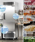 Workhorse Grade 27 Inch Commercial Freezer 23 Cubic Foot Reach In Upright Cooler With Solid Stainless Door Rapid Frost Drop in commercial kitchen.