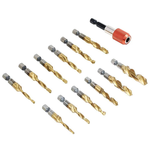Front view of AUTOTOOLHOME 13-piece titanium drill/tap bit set with gold-coated bits and red quick-change chuck adapter.