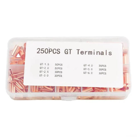 Rock Solid 250 Piece Copper Wire Ferrule Kit With Heavy Duty Non Insulated Butt Terminals And Crimp Connectors For AWG 6-18 Gauge Automotive Electrical Marine Repairs And Awesome DIY Wiring Projects Plus Cool Storage Box Included copper terminals in storage box