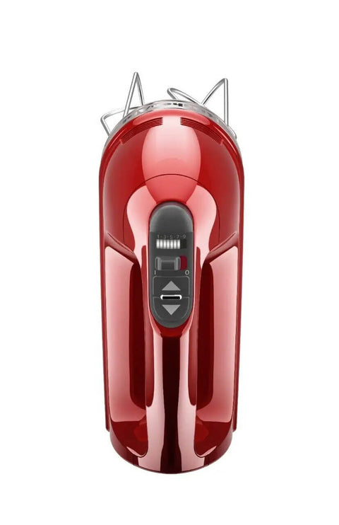 Killer Performance Nine Speed Hand Mixer Featuring A Vibrant Candy Apple Red Design And Durable Attachments from the front view.