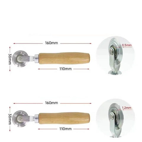 Pro Grade Box Resizer Tool With Solid Wood Handle And High Precision Bearing Roller, adjustable pressure for precise scoring, measurements shown