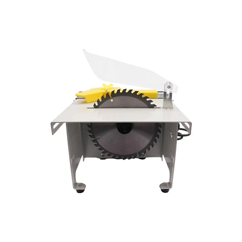 Heavy Duty 750W Electric Mini Table Saw With 5 Pcs Premium Blades For Rock Solid Woodworking Cutting Polishing And Carving Desktop Router Alternative front view with spinning blade