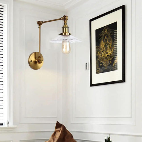 Top Tier Adjustable Swing Arm Wall Sconce With Hand Blown Glass Shade And Hella Bright Up Down Ambient Glow E27 Bulb Suits Bedroom Bedside And Study Reading In Cool Green Bronze, mounted on wall.