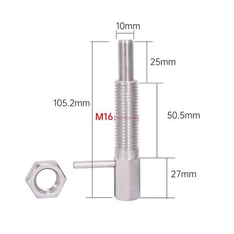 Heavy Duty Retractable Indexing Spring Plunger With L Handle And Nut Precision M16 Replacement Pin, stainless steel, dimensions labeled.