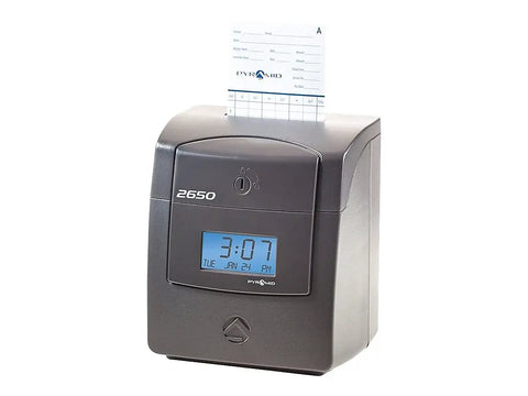 Automatic Punch Time Clock With Six Column Time Cards Captures Three Shift Entries quick top loading setup with digital display.