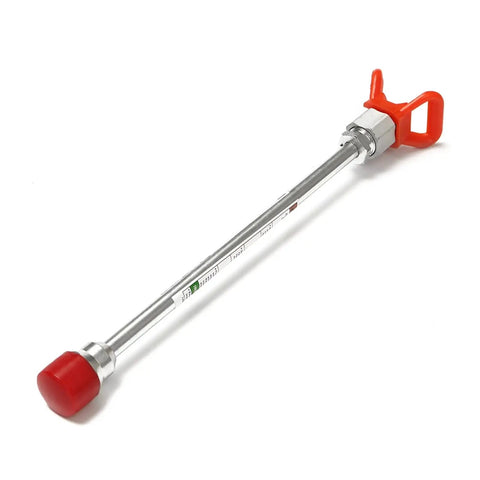 Universal Airless Paint Sprayer Extension Pole Featuring Slick Aluminum Build And Tight Seal Quick Change Handle Attachment For Smooth Finish Long Reach No Muss No Fuss Setup For Pro Crews And Weekend Warriors Ready To Rock And Get It Done Fast, showing long aluminum shaft with red handle.
