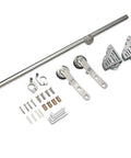 Stainless Steel Sliding Barn Door Track Kit With Smooth Rolling Floor Wheels For Stress Free Loft Ladder Access Library Organization And Indoor DIY Home Upgrade Projects components including rail, rollers, and screws.
