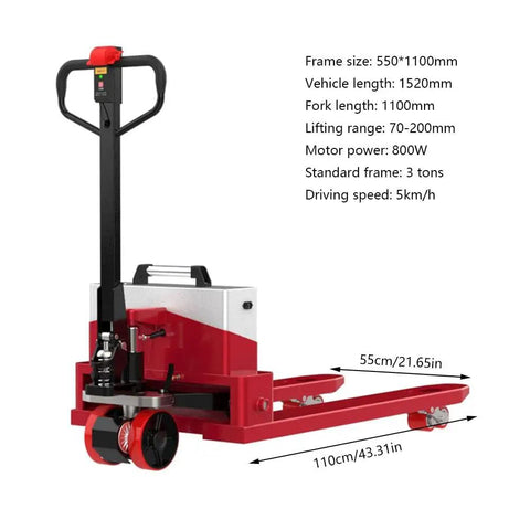 Heavy Duty Electric Pallet Jack With 6600 Lbs Capacity And Lithium Battery, 1100mm fork length and 800W motor for easy movement.