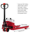 Heavy Duty Electric Pallet Jack With 6600 Lbs Capacity Featuring A Tough Alloy Frame, Silent Polyurethane Wheels For Warehouse Slips, Lithium Powered Truck With Multi Action Handle And Turtle Walk Speed shown with specifications and dimensions.