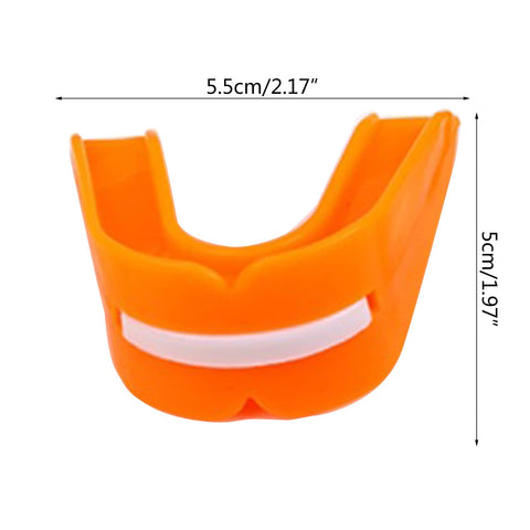 Sports Mouth Guard For Youth And Adults Double Sided Gum Shield Ideal For Football Basketball Boxing MMA Hockey Teeth Protector And Grind Prevention In High Intensity Sports, shown in orange with dimensions