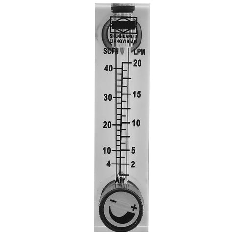 Front view of Go-To Adjustable Panel Mount Gas Flow Meter for Welding and Air Systems, Regulator Style Gauge, Clear Acrylic Body