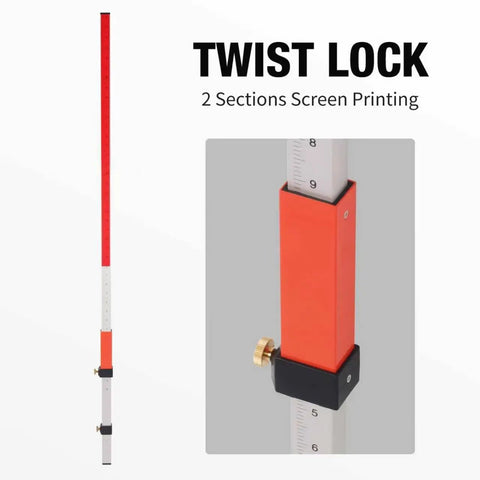 Score This Awesome Two Tone Aluminum Rod Kit With Quick Lock Ideal For Rotary Laser Level Elevation Measurements Absolute And Differences Up To 7.87 Feet With Dual Scales Carry Bag Included, showing twist lock mechanism.