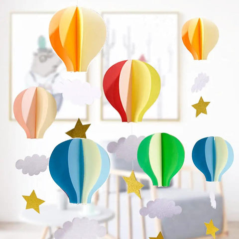 Colorful Hot Air Balloon Paper Decorations 4 Pack with Clouds and Stars Hanging Garland for Kids Room Decor and Party Backdrops