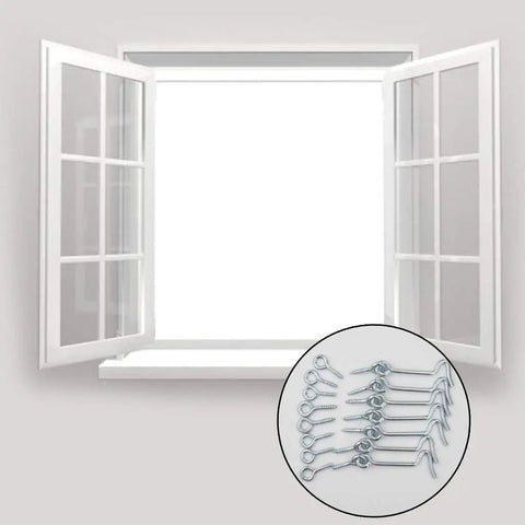 Top Shelf 8 Pack Zinc Coated Steel Window And Door Hooks Paired With Classic Eye Latches Includes Full Mounting Screws displayed on a window.