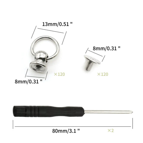 Kick Up Your Craft Game With 120 Zinc Alloy Silver Screwback Rivets And Pull Ring Studs, Featuring A Handy Mini Driver For Hella Durable Leather Bags Phones And Denim Fixes. Image showing 8mm rivets and a mini driver.