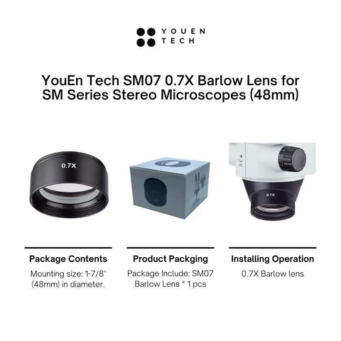 YouEn Tech SM07 0.7x Barlow Lens For SM Series Stereo Microscopes 48mm Mount Doubles Magnification And Expands Working Distance And Field Of View Easy Clip-On Accessory For Clear Up-Close Wide View, black lens and package