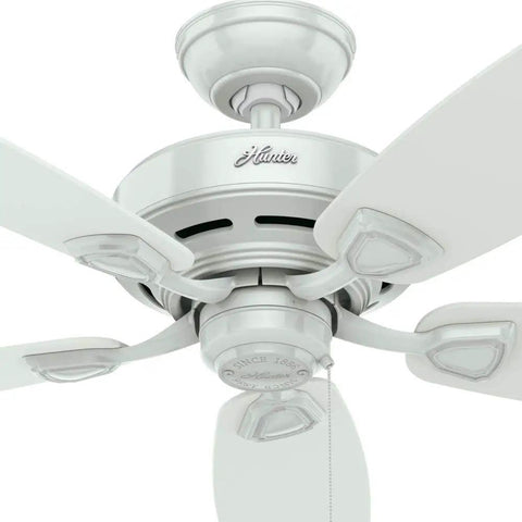 Close-up of 48 Inch Damp Rated Ceiling Fan No Light With 5 Blades White Finish Standard Mount Pull Chain Indoor Outdoor Use
