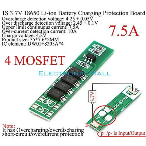 Solid 5 Pack 1S 3.7V 10A Lithium Ion BMS Protection Boards, Sweet 4.2V Charging Circuit With DW01 8205A Chips, showing 4 MOSFET layout and pin labeling.